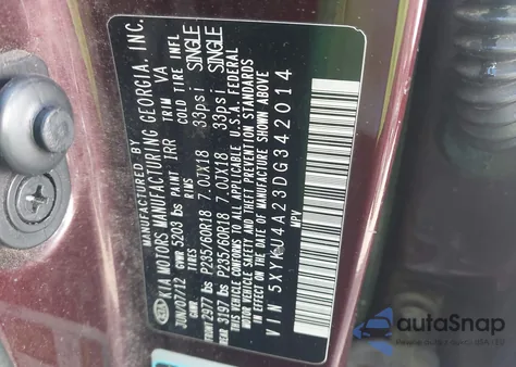 2013 Kia Sorento Ex V6 из США, поврежденный, VIN 5XYKU4A23DG342014